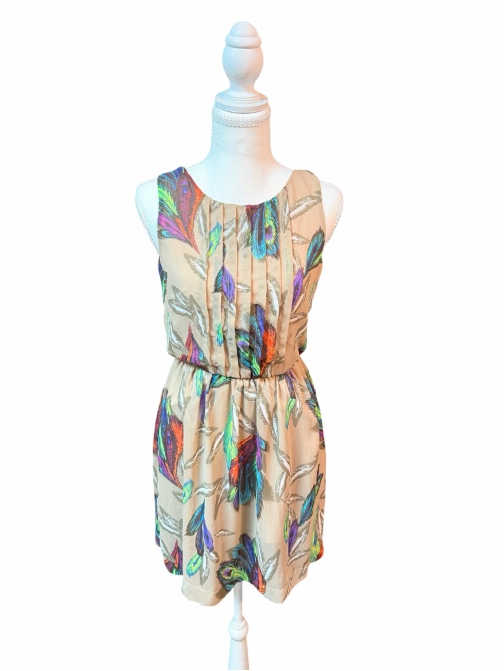 Teeze Me Beige Midi Dress with Multicolor Feather Print